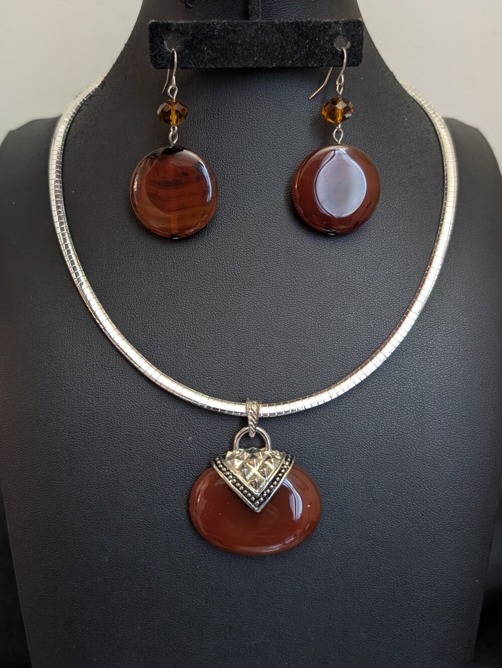#26. Vintage Carnelian Pendant Omega Necklace & Vintage Carnelian Earrings